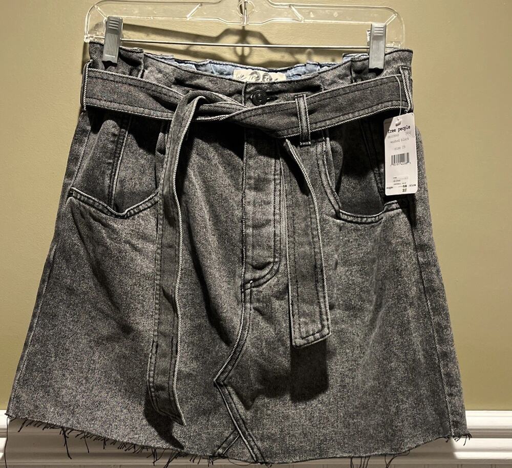 Free People East of Eden Denim Mini Skirt 29 Black Belted NWT